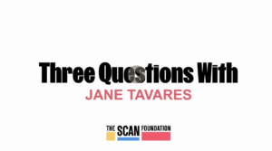 graphic with text that reads Three Questions with Jane Taveres